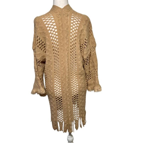 Oversized Slouchy Fringe Long Granola Crochet Sweater Chunky Brown Indie Boho - Picture 4 of 12